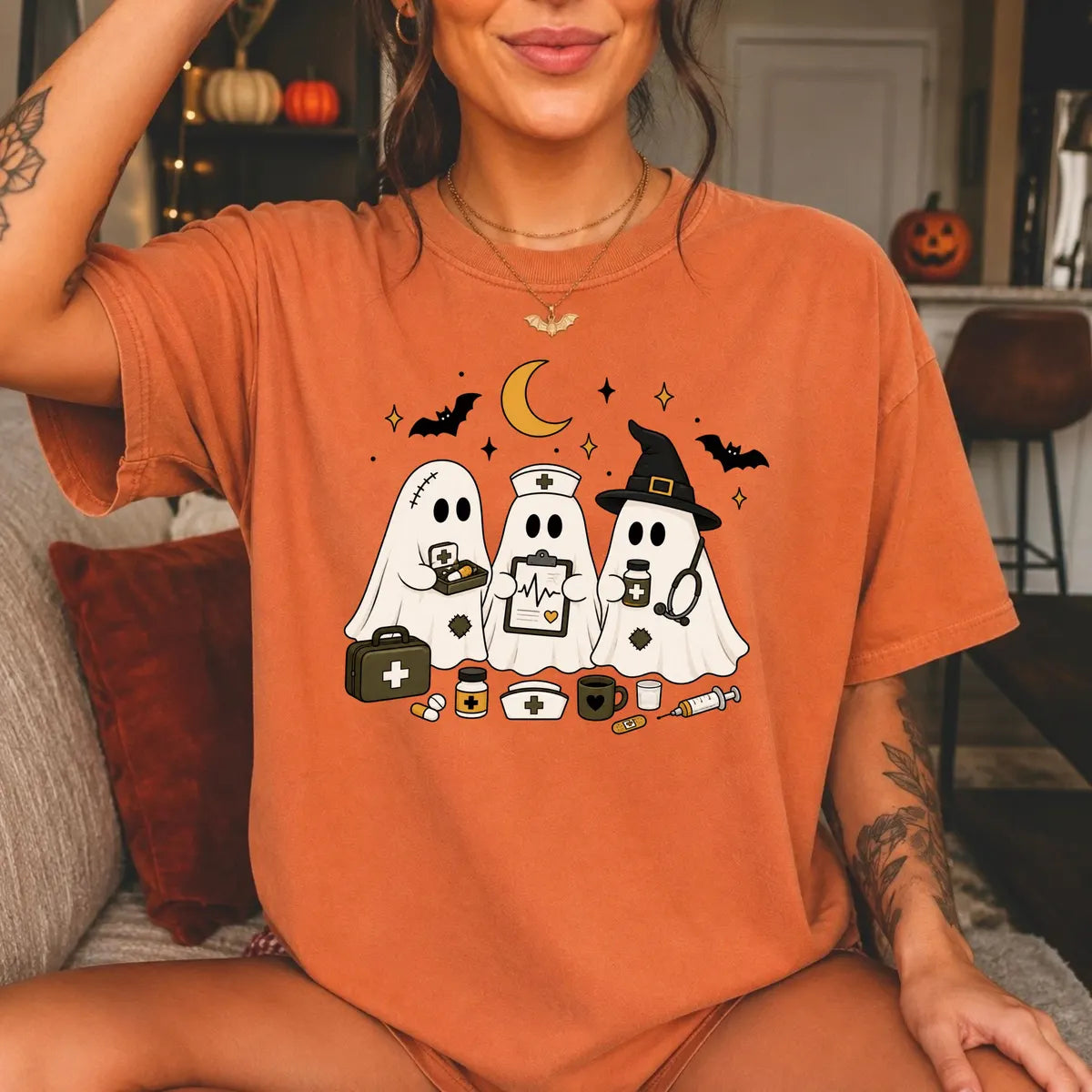 Comfort Colors 1717 T-shirt with Ghost Nurse Halloween design alternate view view 2