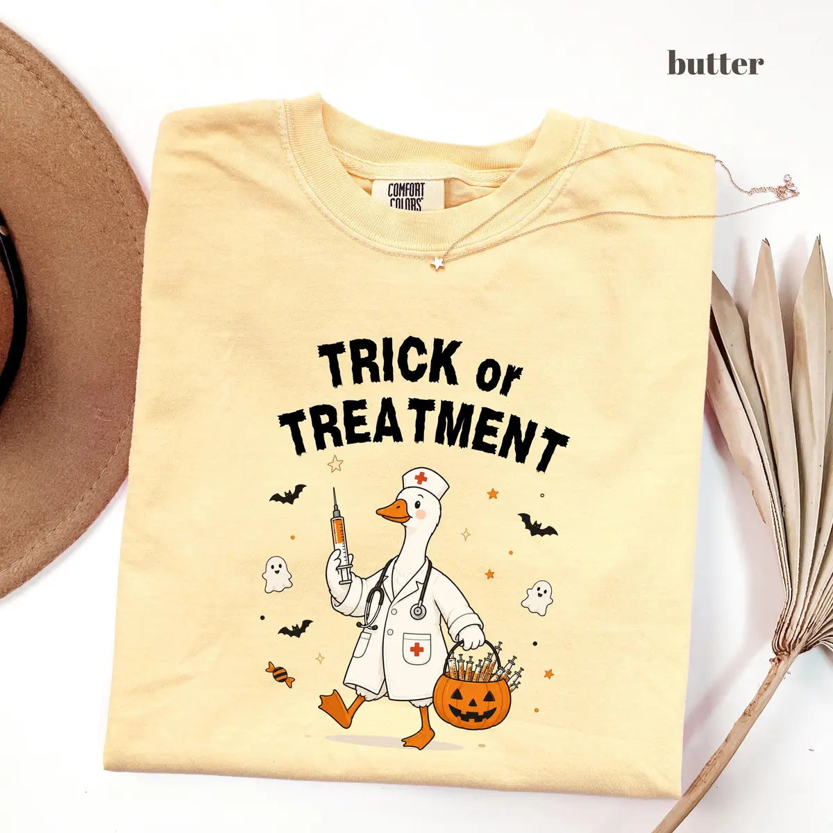 Butter Comfort Colors 1717 T-shirt with Trick or Treatment Nurse Goose design