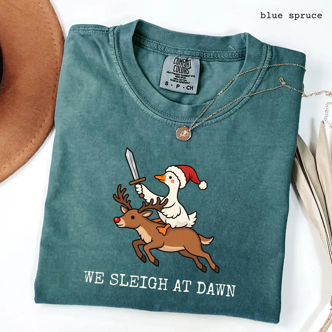 Comfort Colors 1717 T-shirt with We Sleigh at Dawn Goose design worn by a model