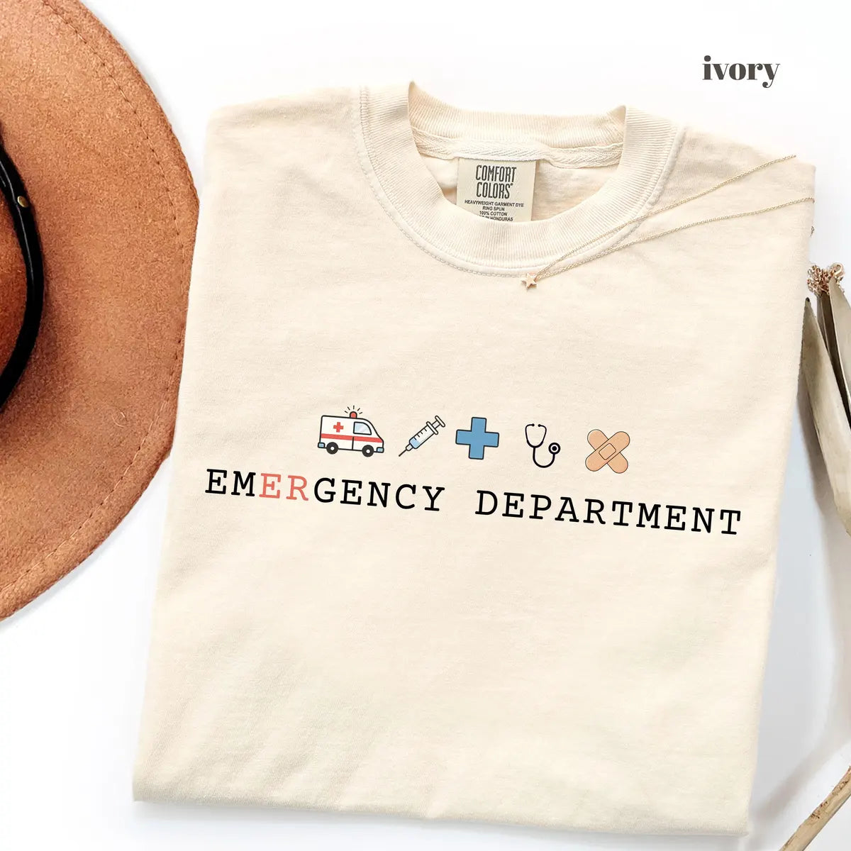 Ivory Comfort Colors 1717 T-shirt with Emergency Department design