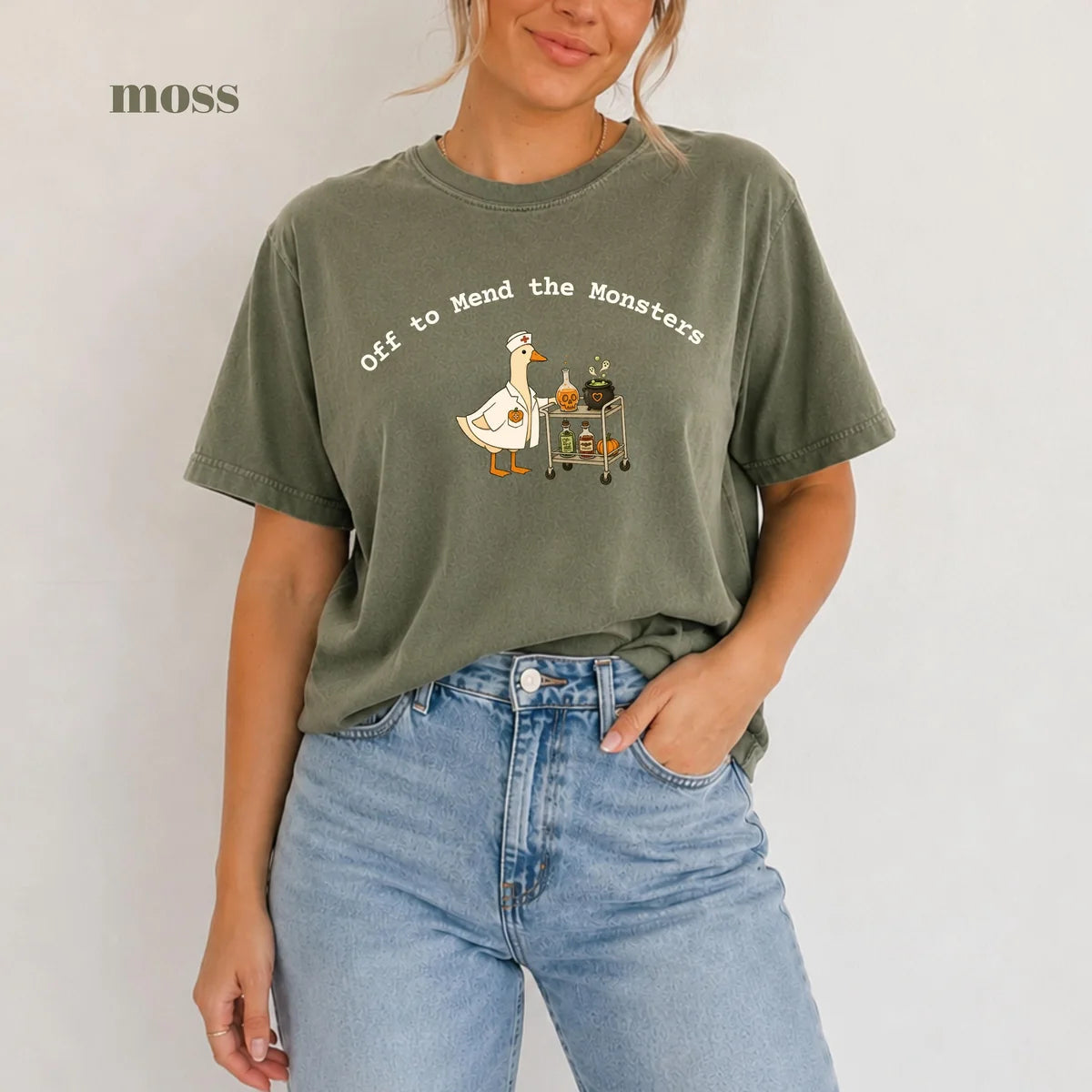 Moss Comfort Colors 1717 T-shirt with Off to Mend the Monsters design