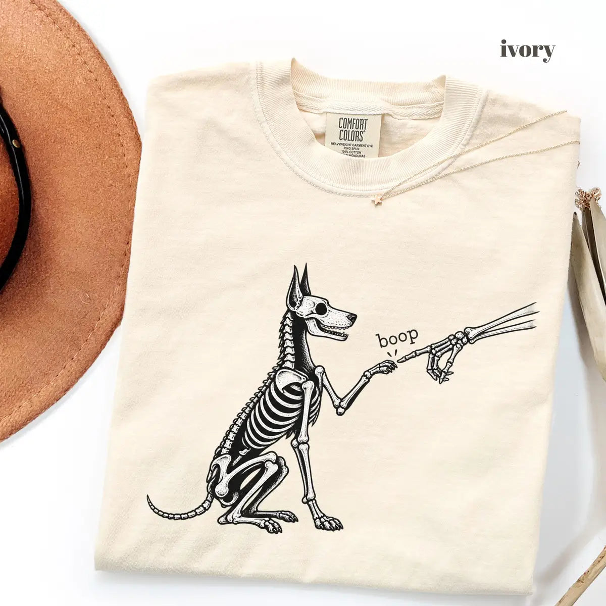 Ivory Comfort Colors 1717 T-shirt with Dog Skeleton design