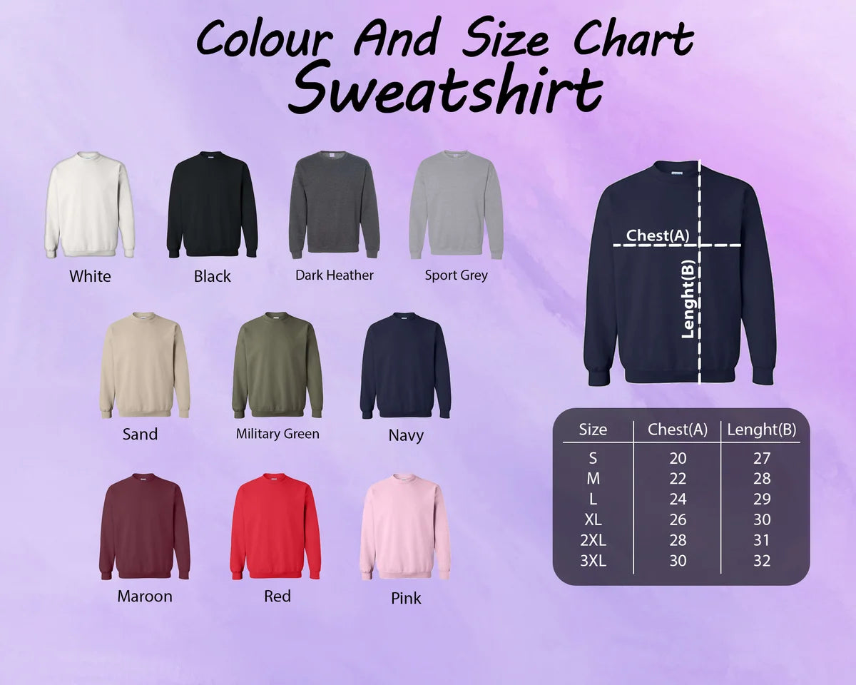 Crewneck sweatshirt size chart showing the available adult garment measurements.