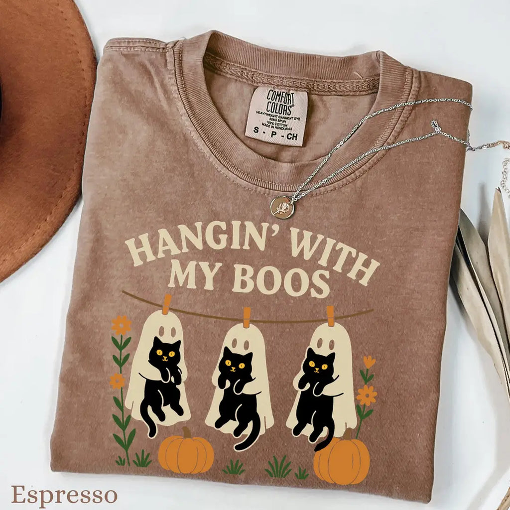 Hangin' With My Boos - Ghost Cat Halloween Comfort Colors T-Shirt alternate product view in Espresso.