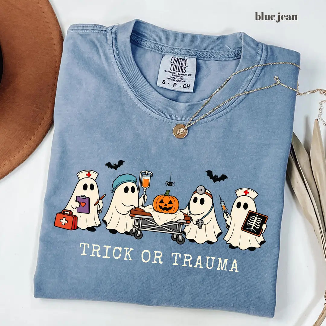 Blue Jean Comfort Colors 1717 T-shirt with Trick or Trauma Nurse design