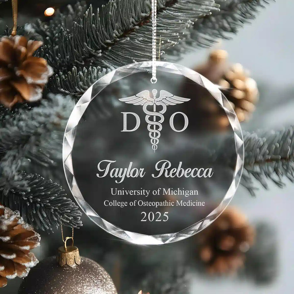 Additional view of a Doctor of Osteopathic Medicine personalized engraved engraved crystal glass ornament.