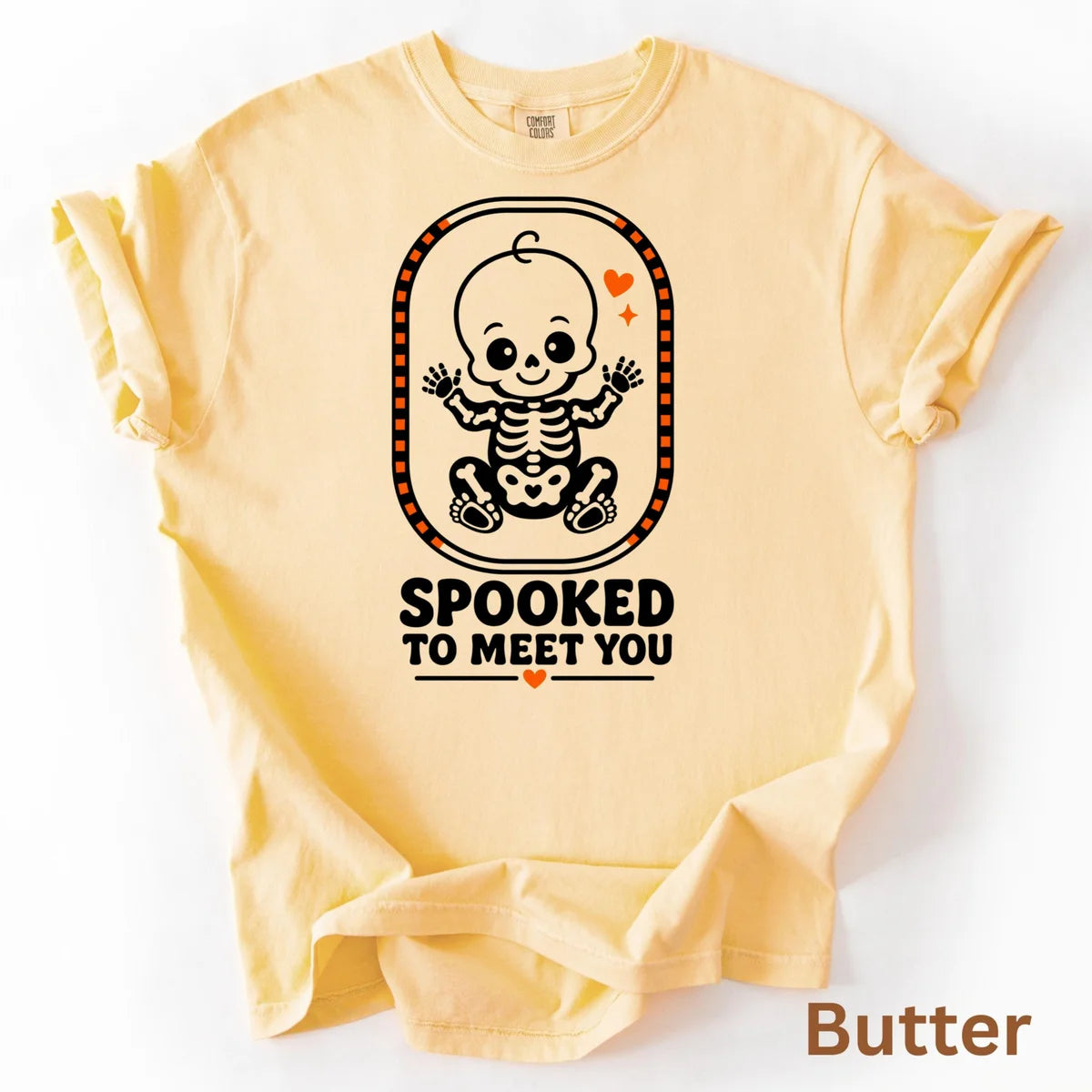 Spooked to Meet You - Halloween Pregnancy Announcement Comfort Colors T-Shirt alternate product view in Butter.