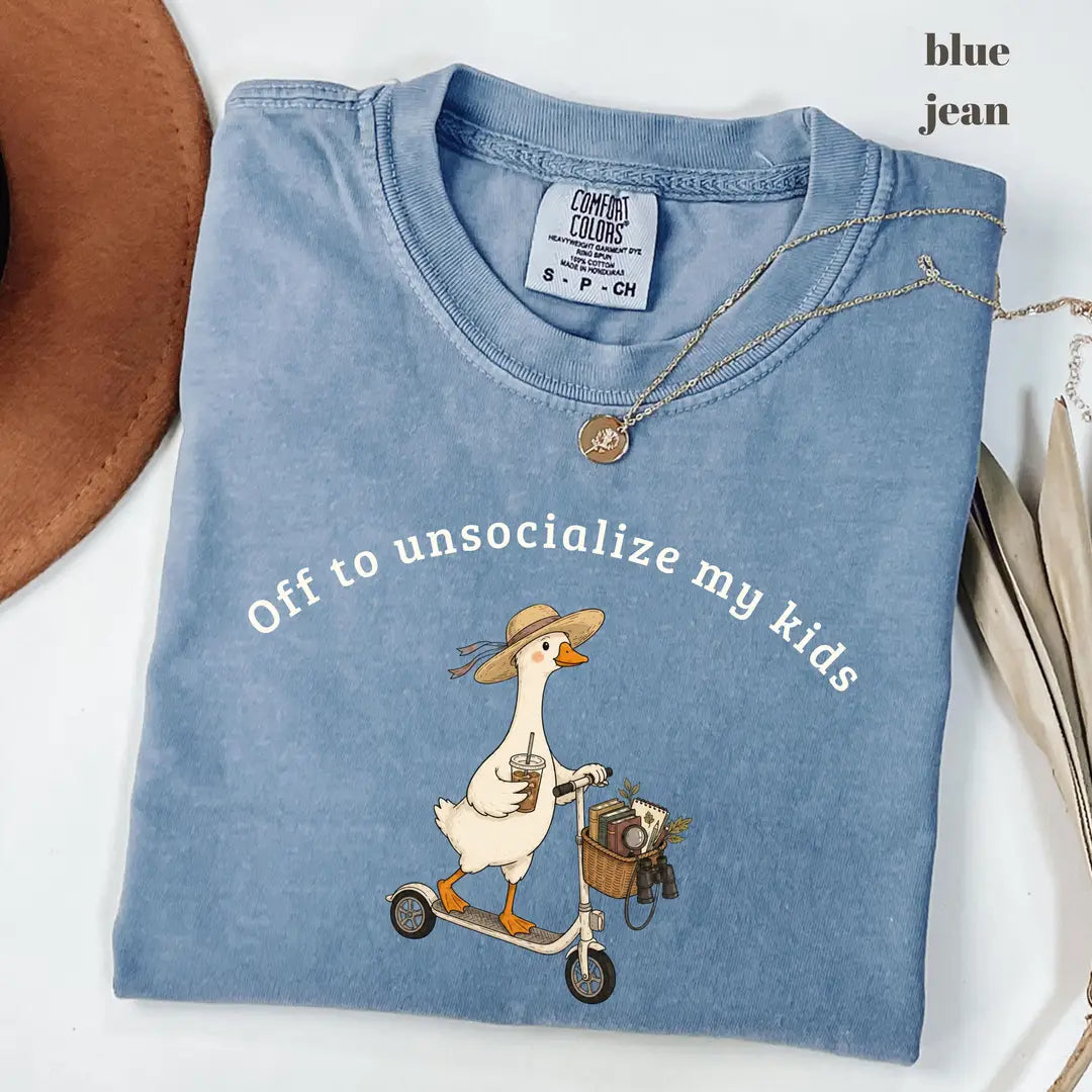 Blue Jean Comfort Colors 1717 T-shirt with Off To Unsocialize My Kids Goose design worn by a model view 2