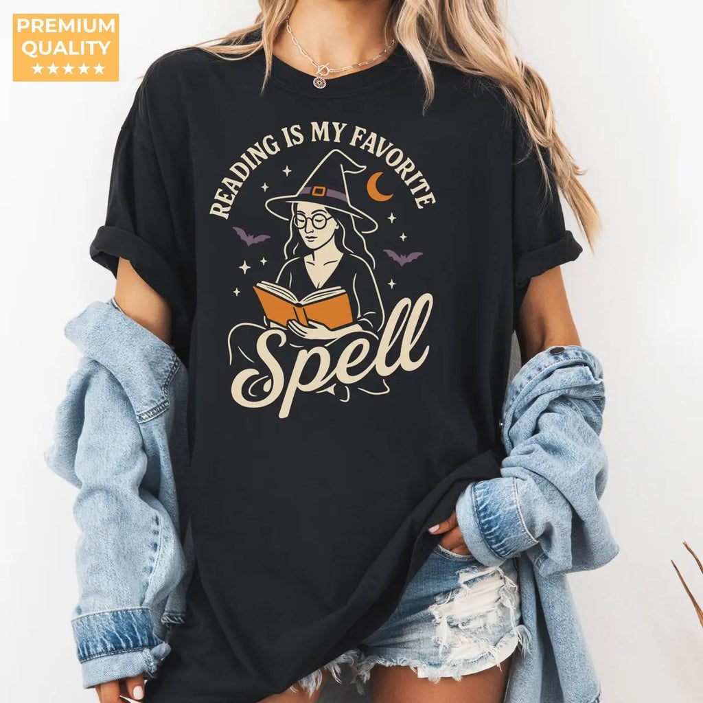Reading Is My Favorite Spell - Witch Book Lover Comfort Colors T-Shirt alternate product view in Black.