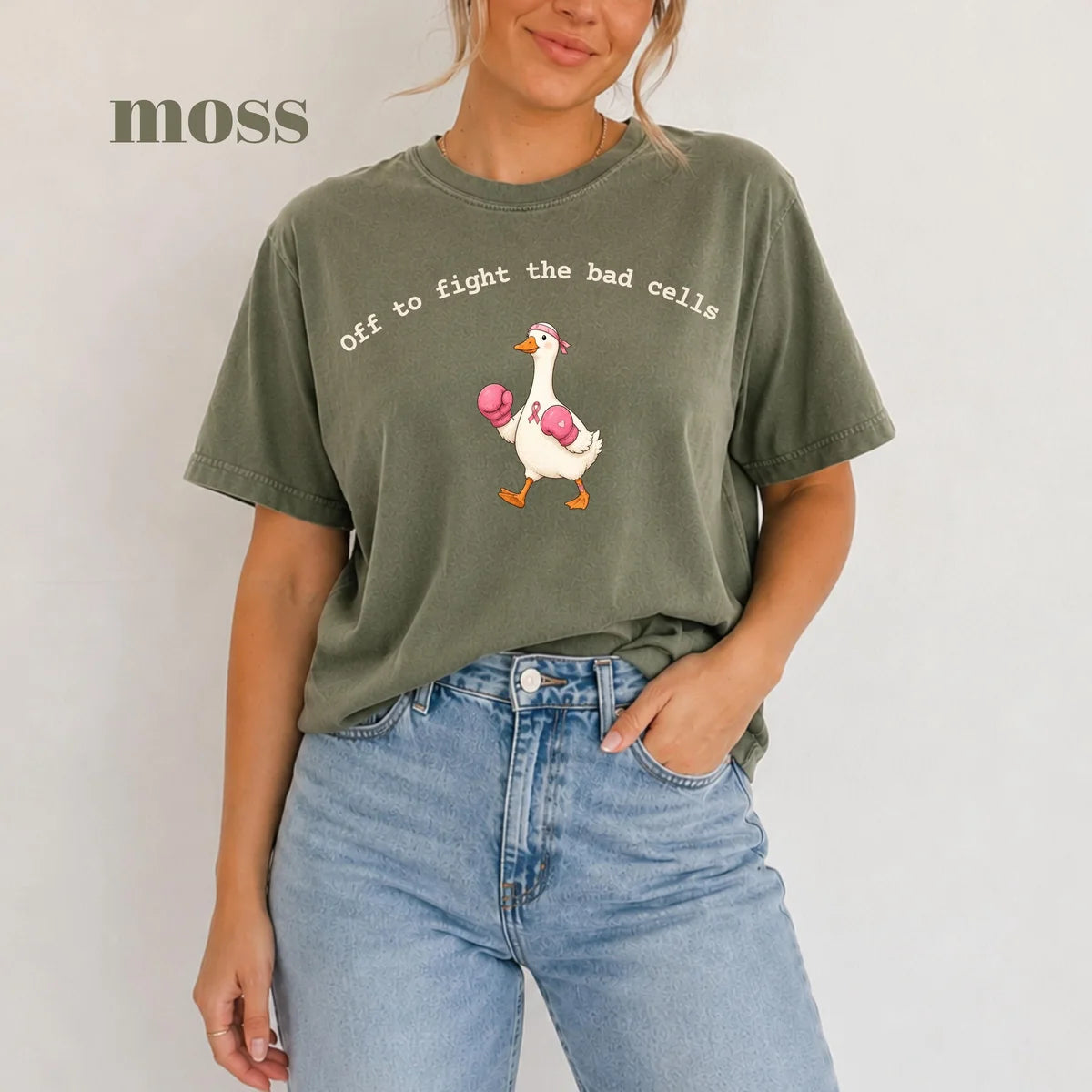 Moss Comfort Colors 1717 T-shirt with Off To Fight The Bad Cells Goose design worn by a model