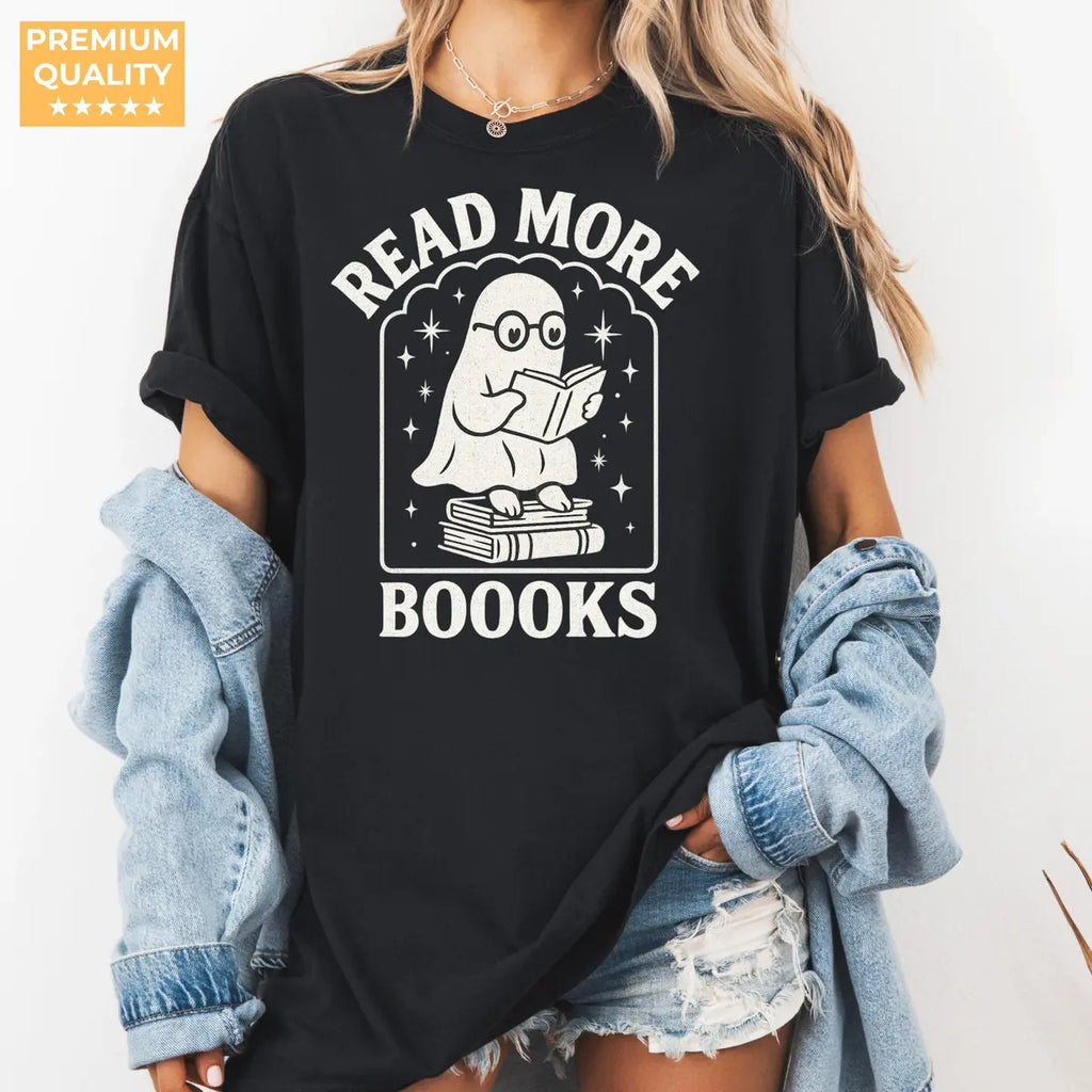 Read More Booooks - Bookish Ghost Halloween Comfort Colors T-Shirt alternate product view in Black.