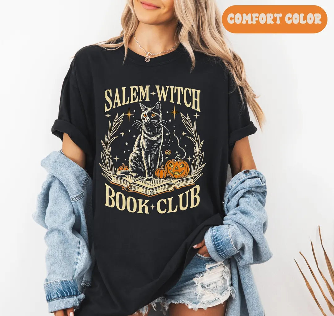 Salem Witch Book Club - Halloween Cat Comfort Colors T-Shirt hero view.