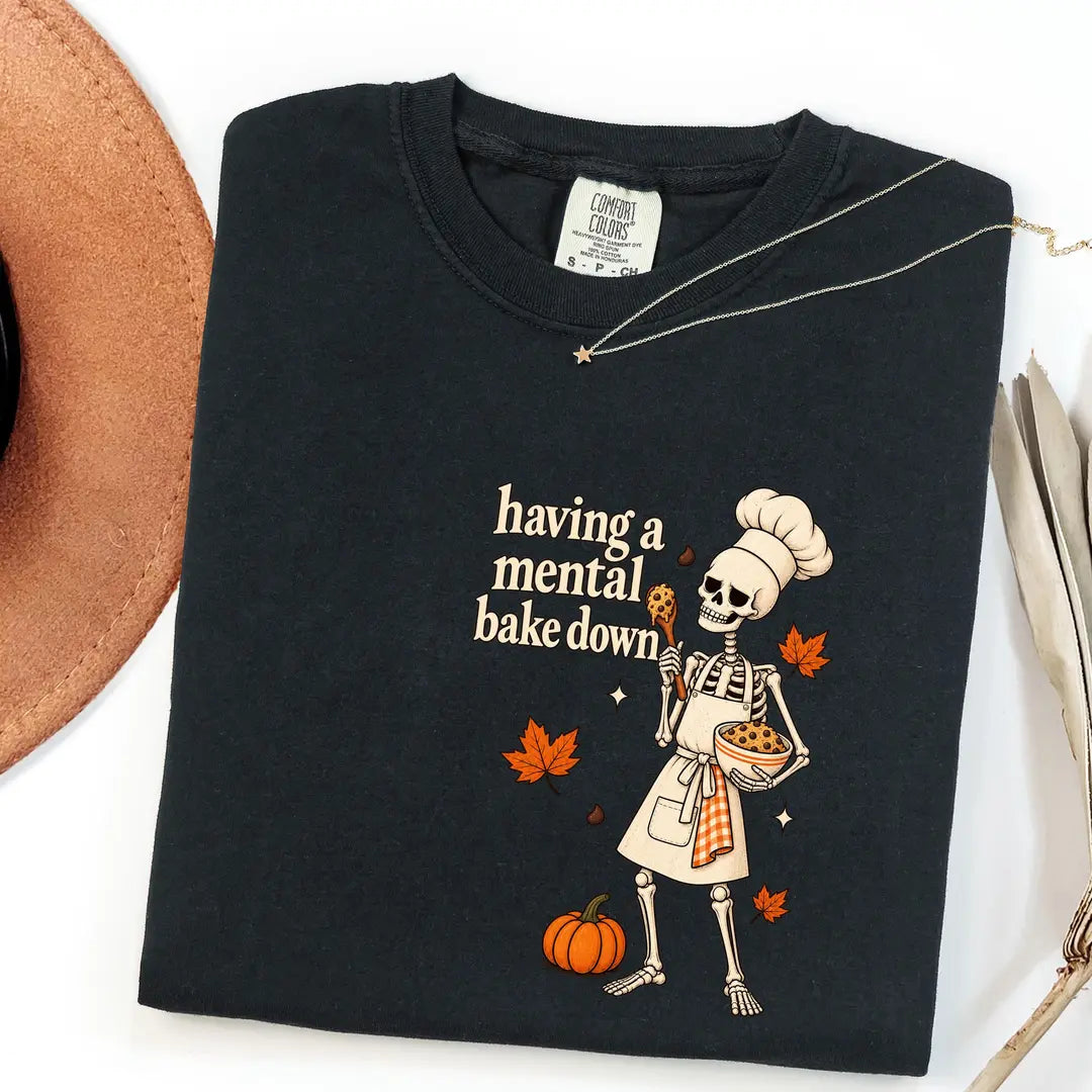 Black CF Comfort Colors 1717 T-shirt with Having a Mental Bake Down design worn by a model