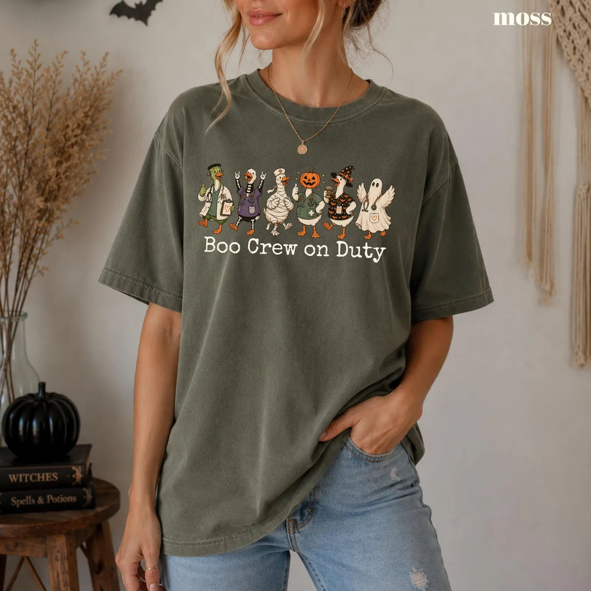 Moss Comfort Colors 1717 T-shirt with Boo Crew on Duty Halloween Nurse design