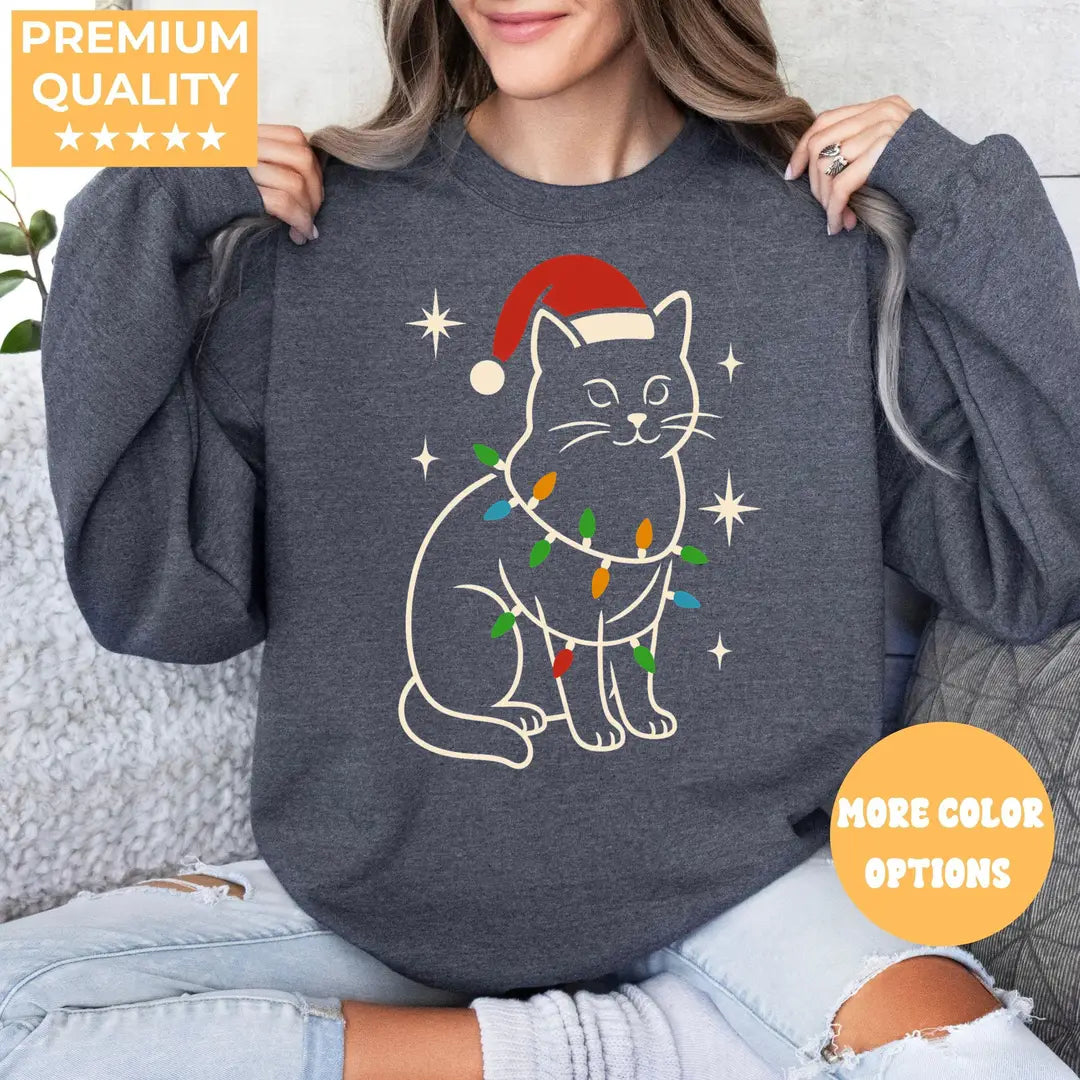 MILITARY GREEN Crewneck sweatshirt with Cat Christmas design, alternate product view.