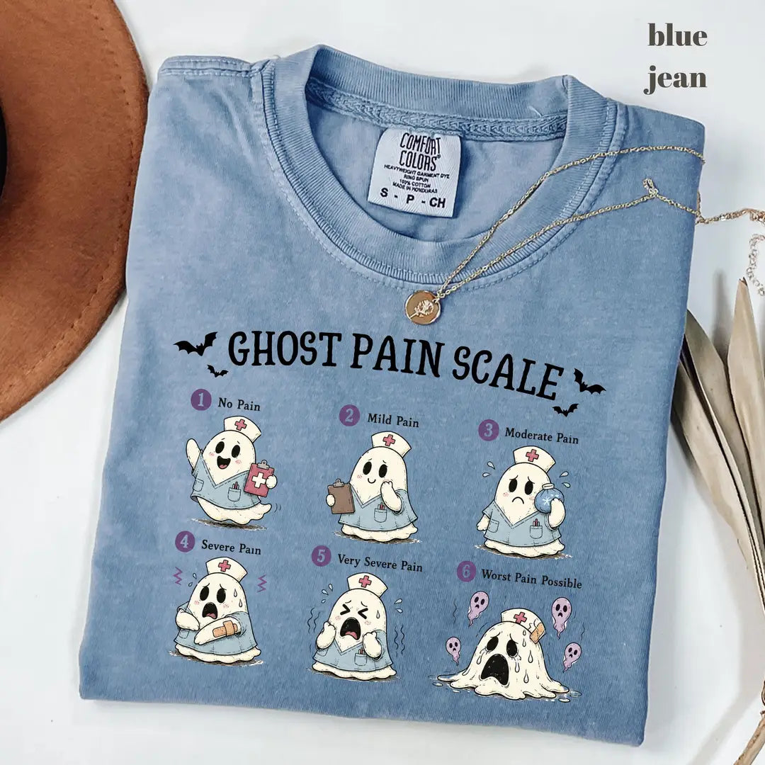 Blue Jean Comfort Colors 1717 T-shirt with Ghost Pain Scale Nurse design