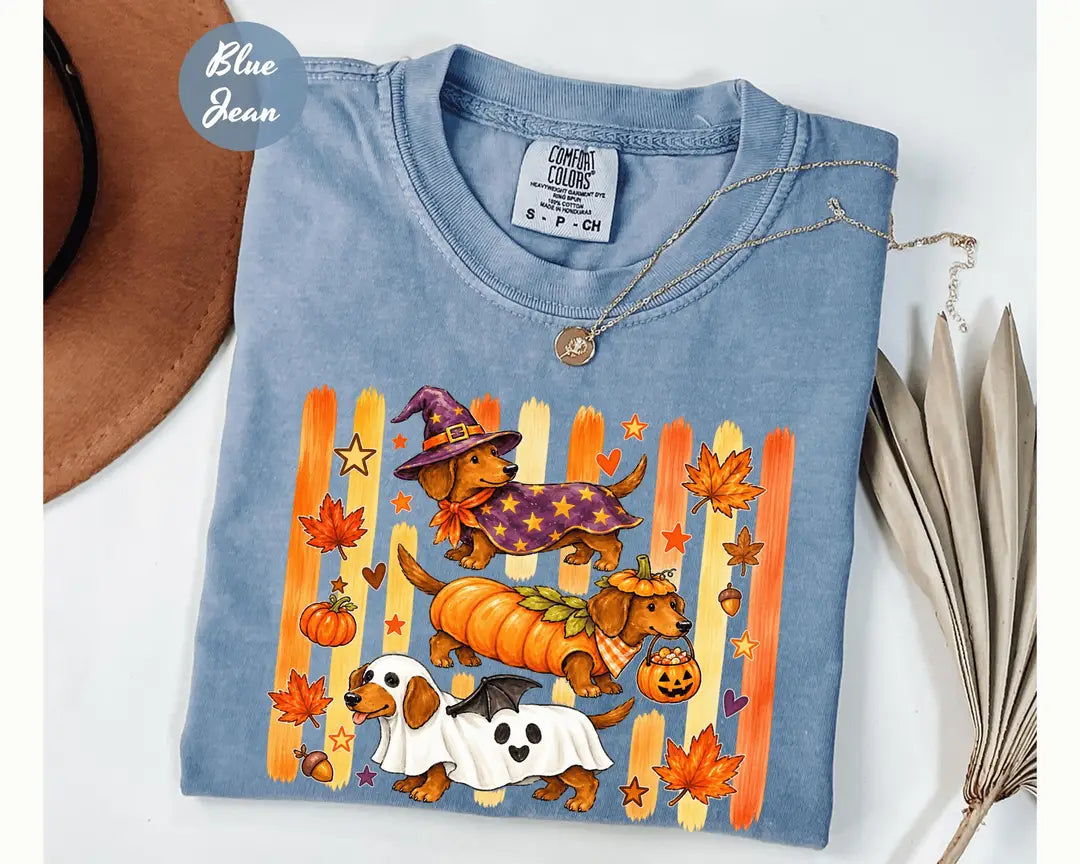 Blue Jean Comfort Colors 1717 T-shirt with Halloween Dachshund design