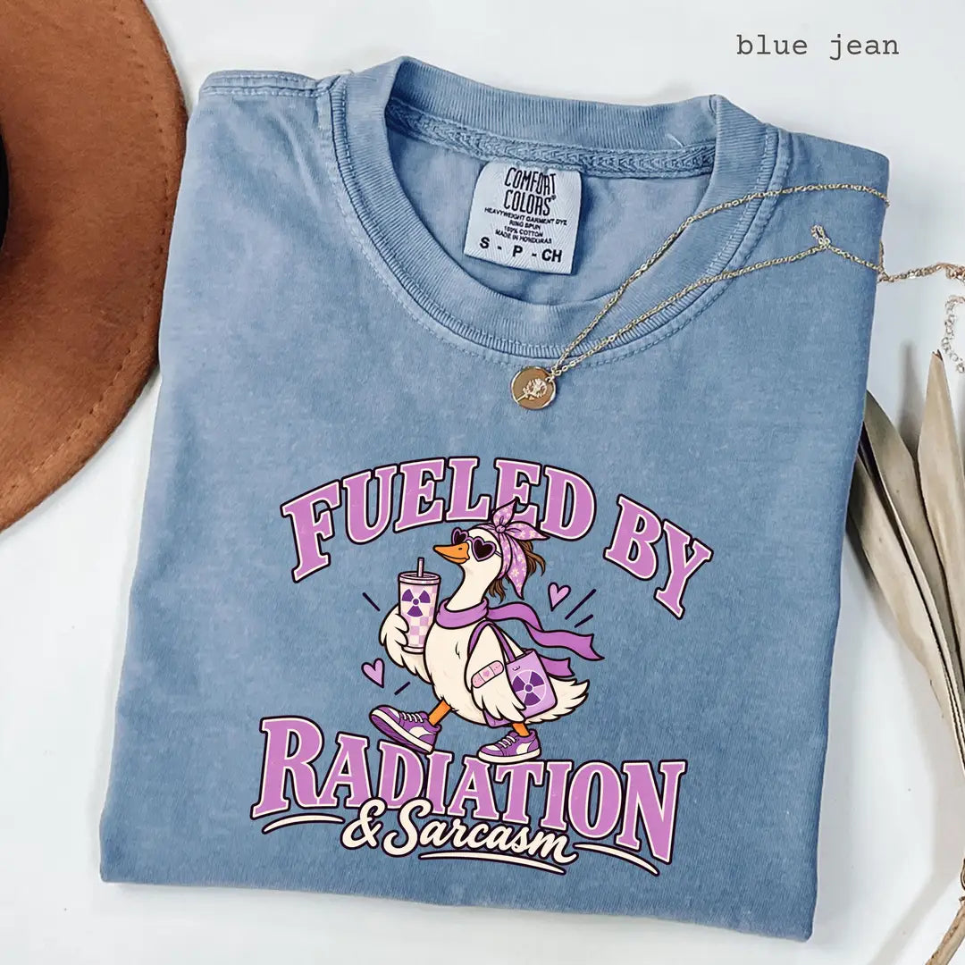 Blue Jean Comfort Colors 1717 T-shirt with Radiation Therapist design worn by a model view 2