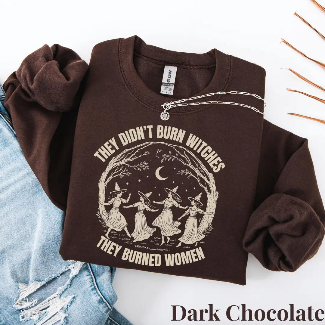Dark Chocolate Crewneck sweatshirt with printed Feminist design, alternate product view.