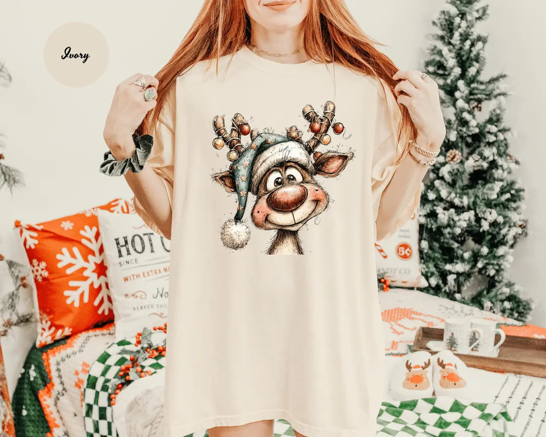 Ivory Comfort Colors 1717 T-shirt with Vintage Reindeer design worn by a model