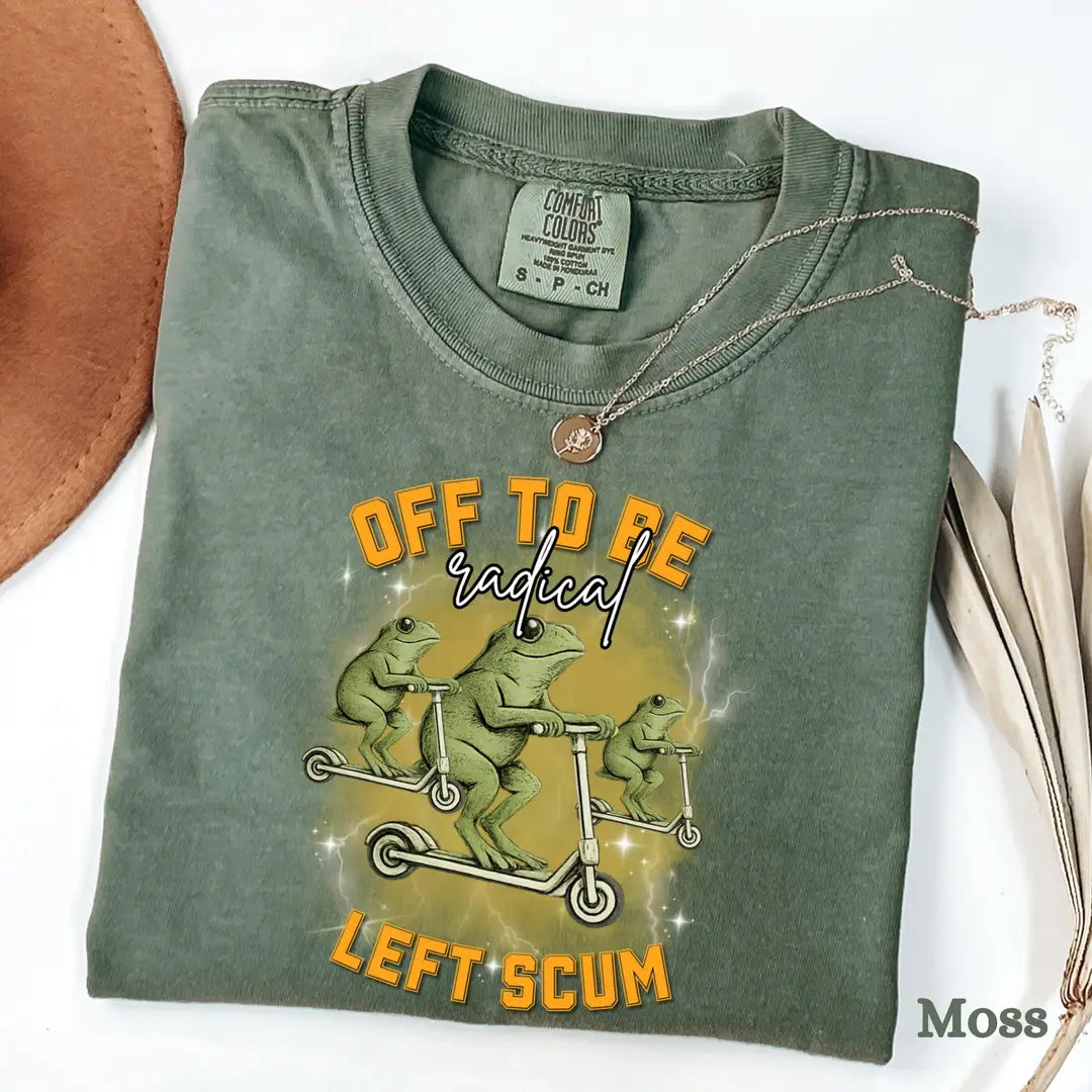 Moss Comfort Colors 1717 T-shirt with Radical Left Frog on Scooter Political Meme design, alternate product view.
