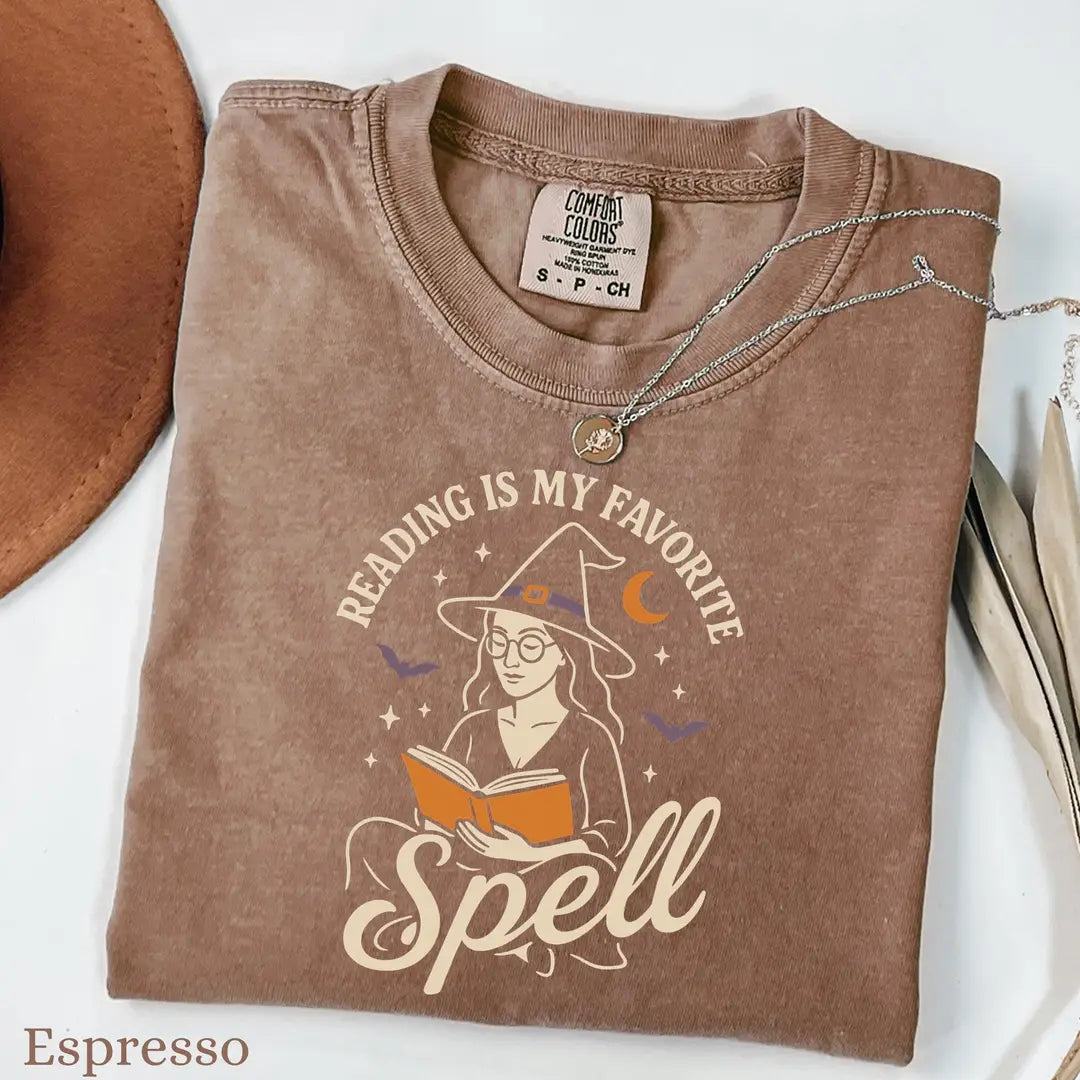 Reading Is My Favorite Spell - Witch Book Lover Comfort Colors T-Shirt alternate product view in Espresso.