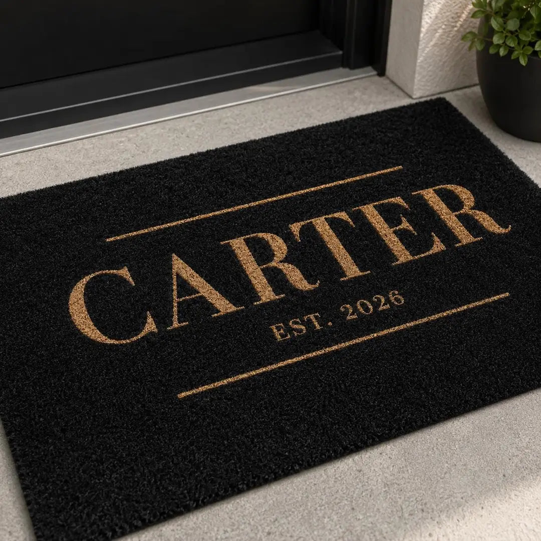 Rectangular black faux coir doormat with a bold gold-tone family name between two lines and an established year