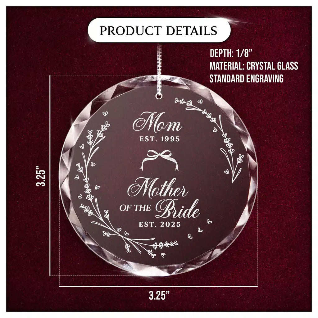 Product details card for a personalized engraved engraved crystal glass ornament, showing crystal glass construction, engraving, and a 3.25-inch size.