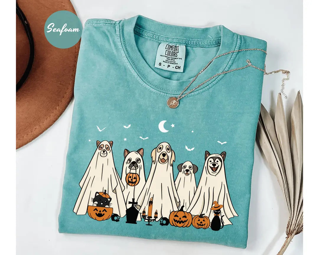 Seafoam Comfort Colors 1717 T-shirt with Halloween Ghost Dog design