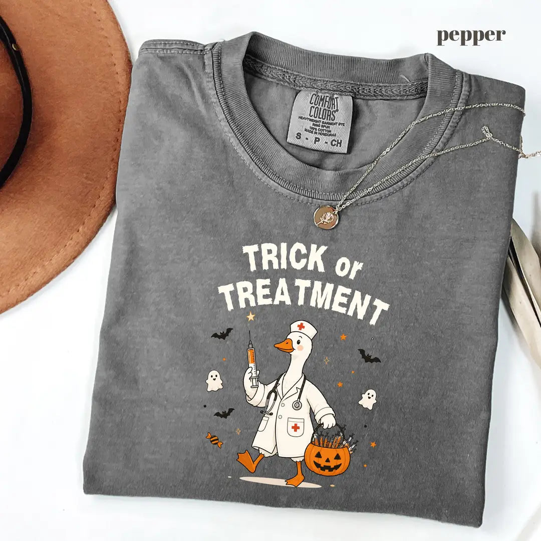 Pepper Comfort Colors 1717 T-shirt with Trick or Treatment Nurse Goose design