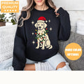 BLACK Crewneck sweatshirt with Dog Christmas design shown on a model.