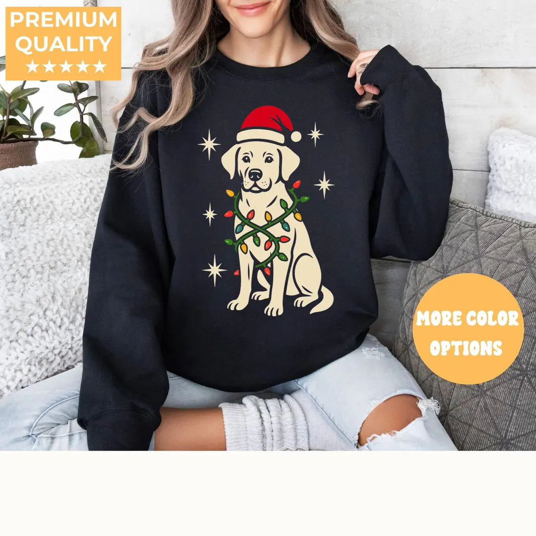 BLACK Crewneck sweatshirt with Dog Christmas design shown on a model.