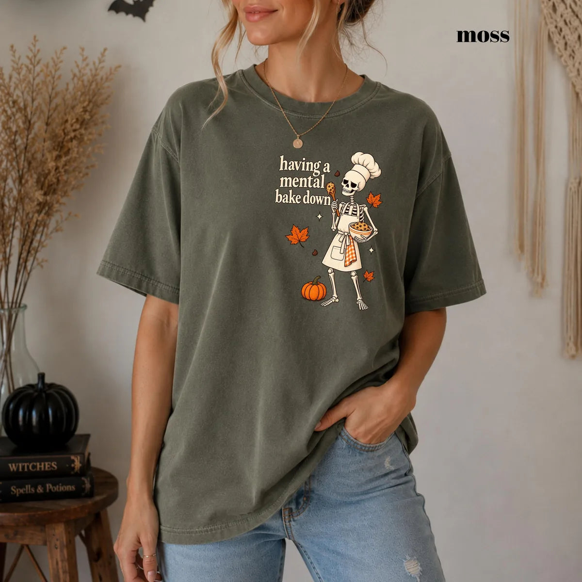 Moss Comfort Colors 1717 T-shirt with Having a Mental Bake Down design worn by a model