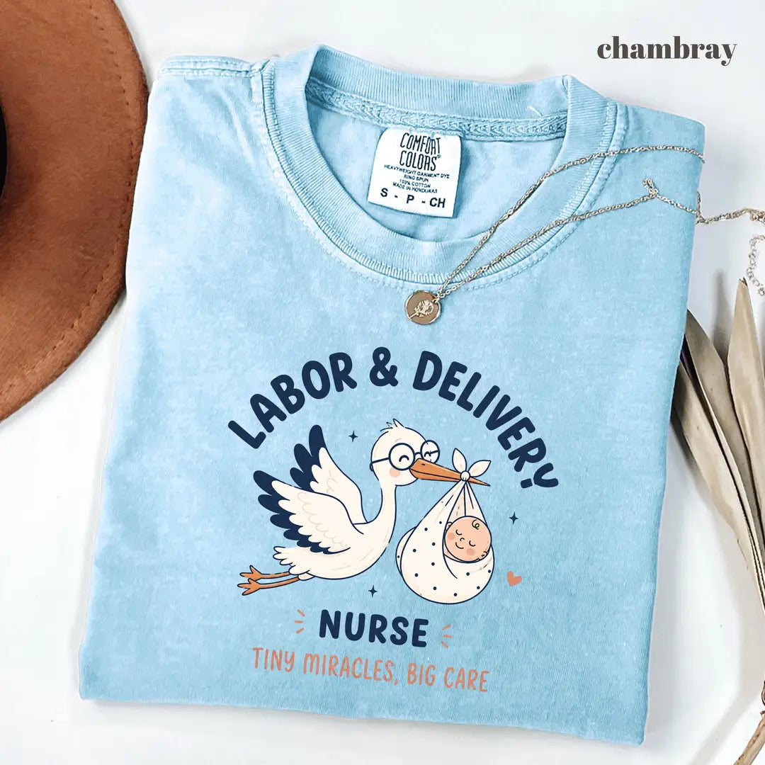 Comfort Colors 1717 T-shirt with Labor and Delivery Nurse design worn by a model view 2