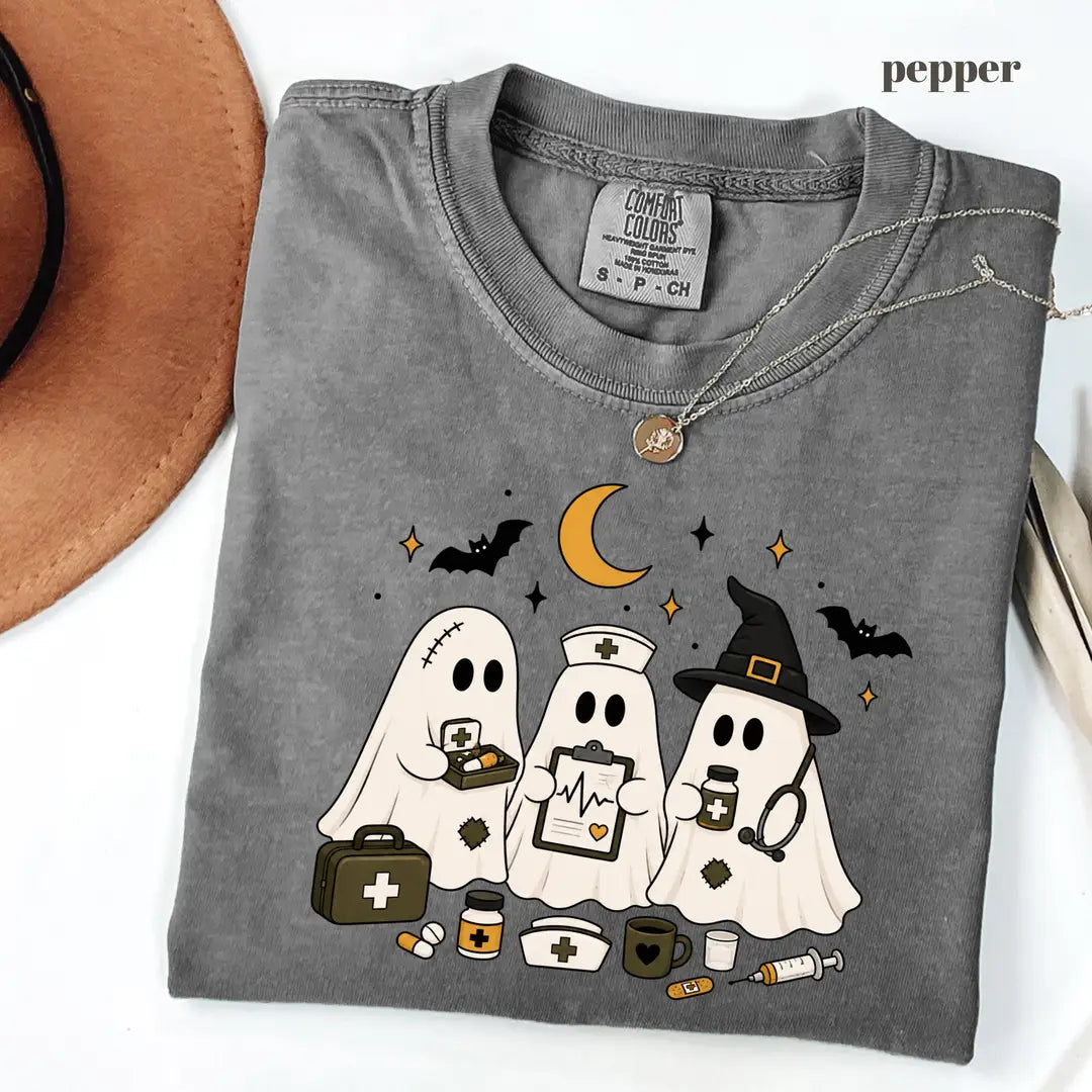 Pepper Comfort Colors 1717 T-shirt with Ghost Nurse Halloween design