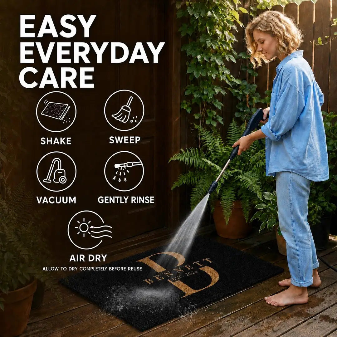 Easy everyday care card with icons for shake, sweep, vacuum, gently rinse, and air dry beside a person rinsing a black personalized doormat