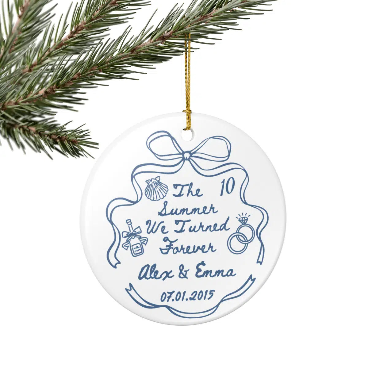 Additional view of a Summer We Turned Married personalized ceramic ornament.