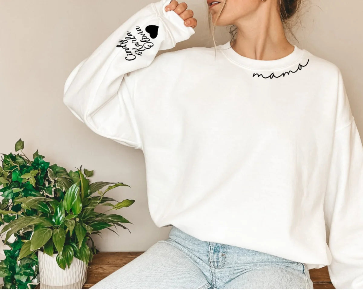 Crewneck sweatshirt with embroidered Custom Mama with Kid Name on Sleeve design, alternate product view.