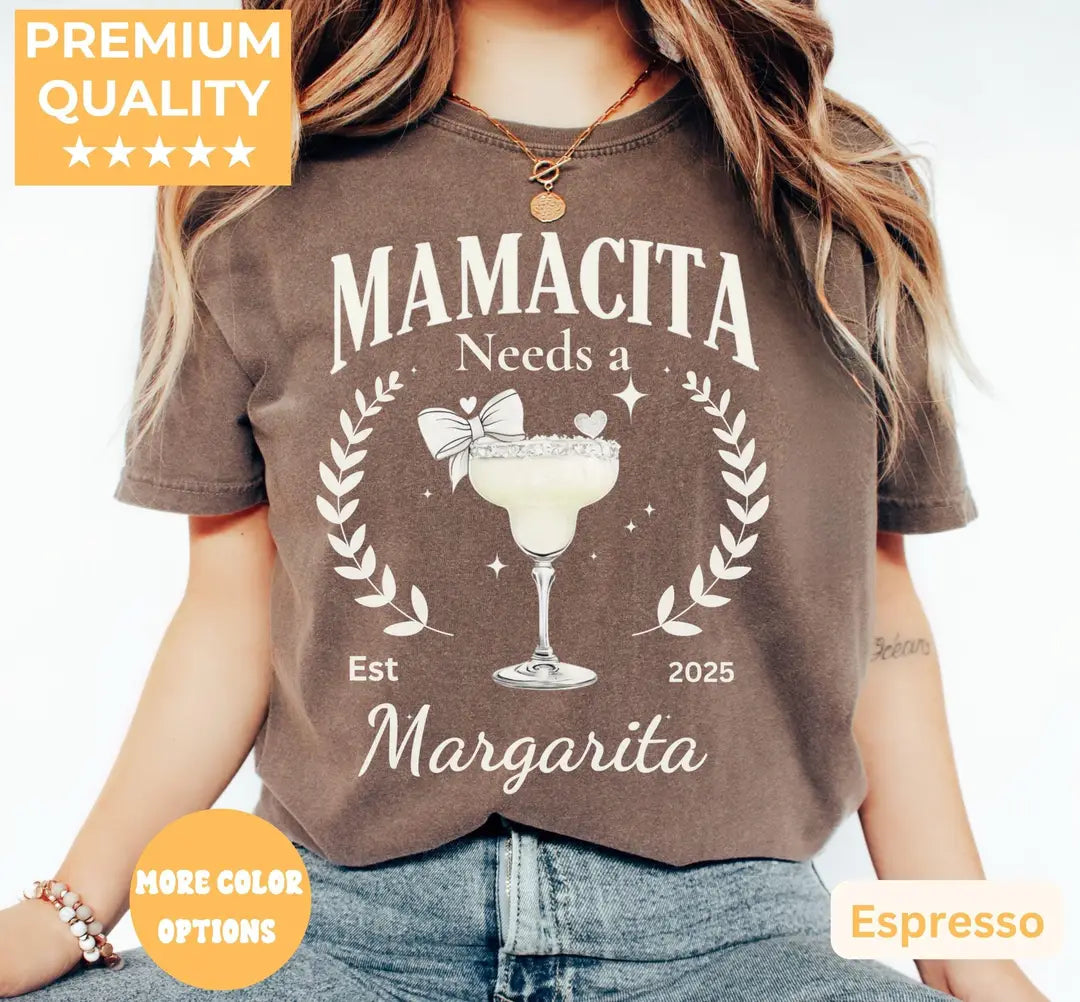 Espresso Comfort Colors 1717 T-shirt with Mamacita Needs a Margarita design, alternate product view.