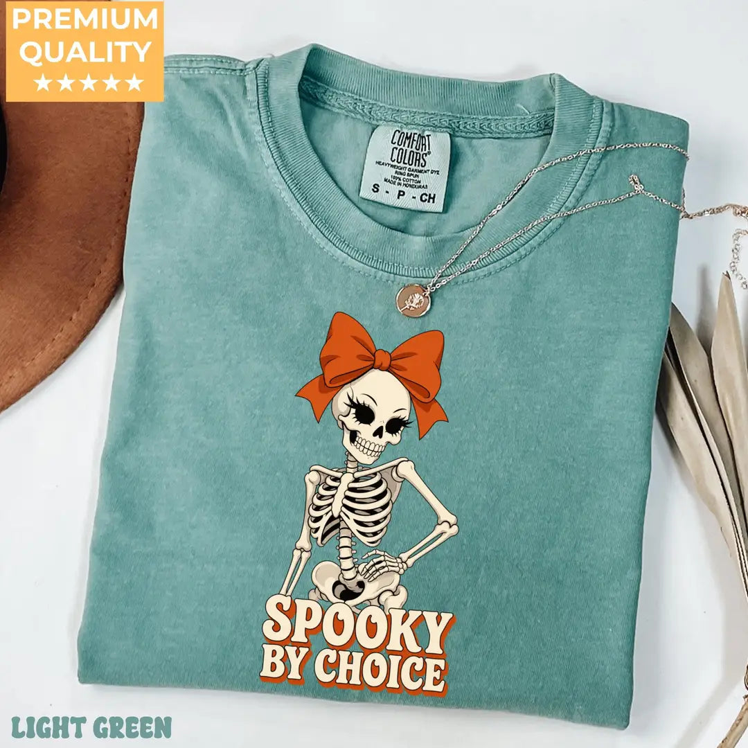 Spooky By Choice Skeleton Comfort Colors T-Shirt alternate product view in Light Green.