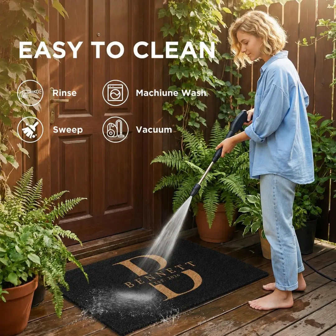 Easy to clean card with a person rinsing a black personalized doormat and icons for rinse, machine wash, sweep, and vacuum