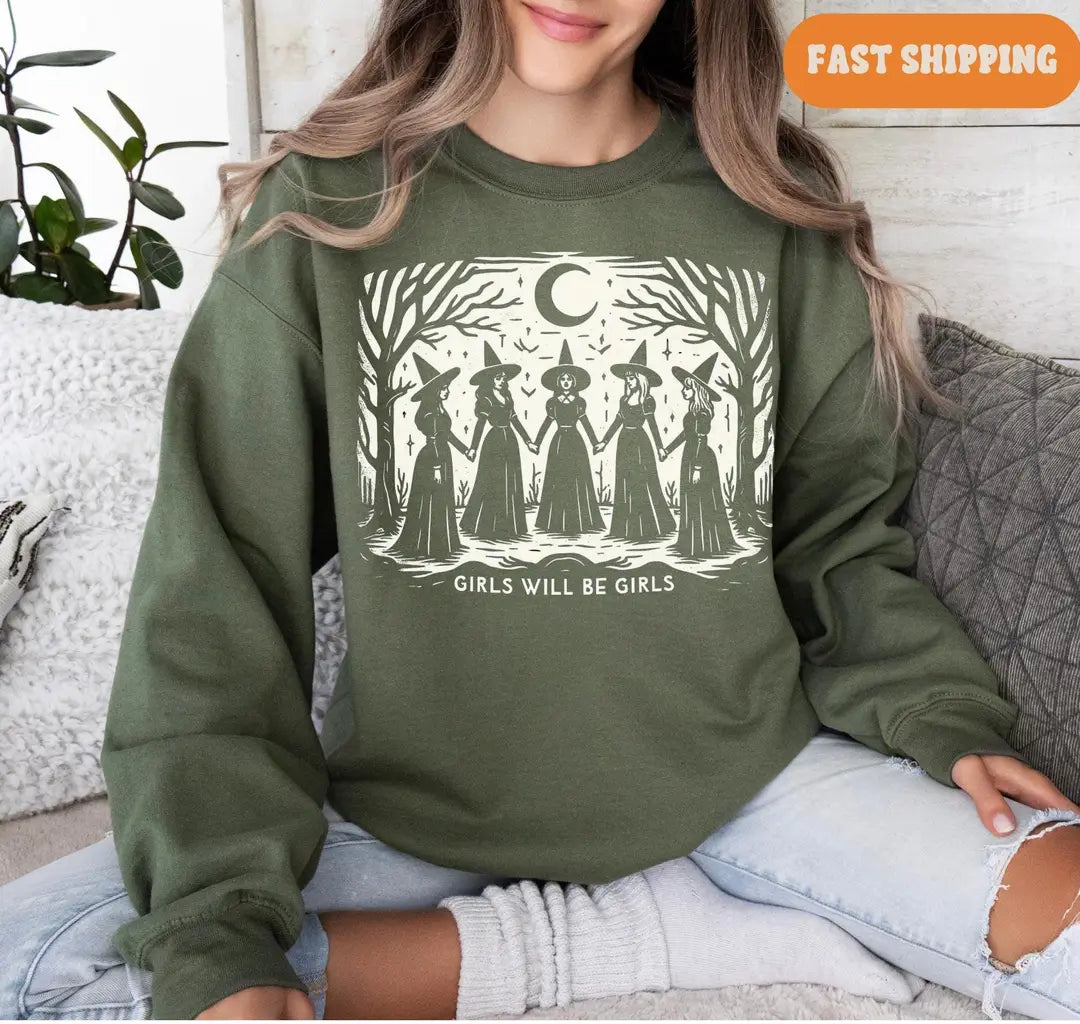 Military Green Crewneck sweatshirt with printed Vintage Girls Will Be Girls Witch design, alternate product view.