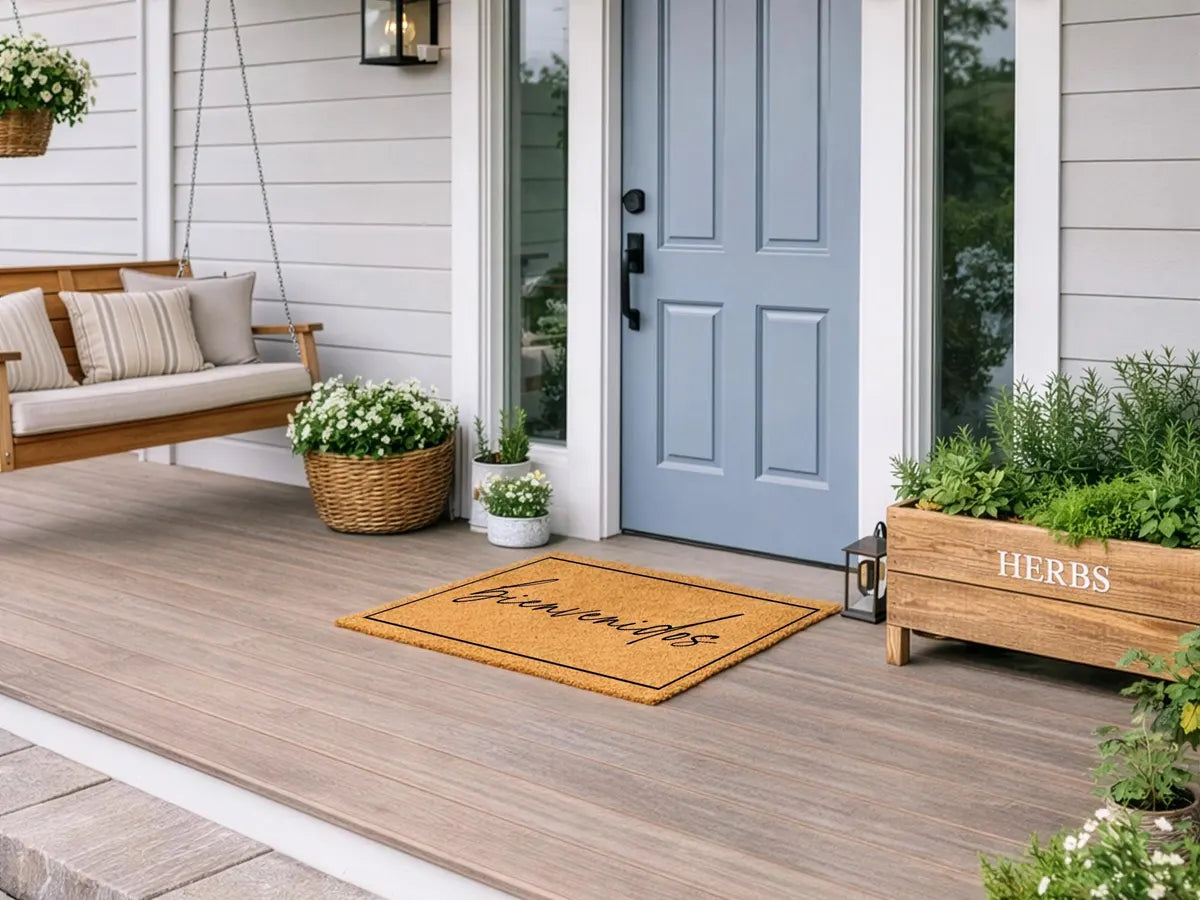 Coir doormat with a framed bienvenidos script message on a porch with a swing and a light blue door
