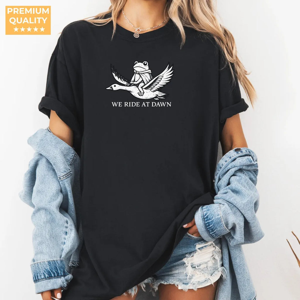 Black Comfort Colors 1717 T-shirt with We Ride at Dawn design, alternate product view.
