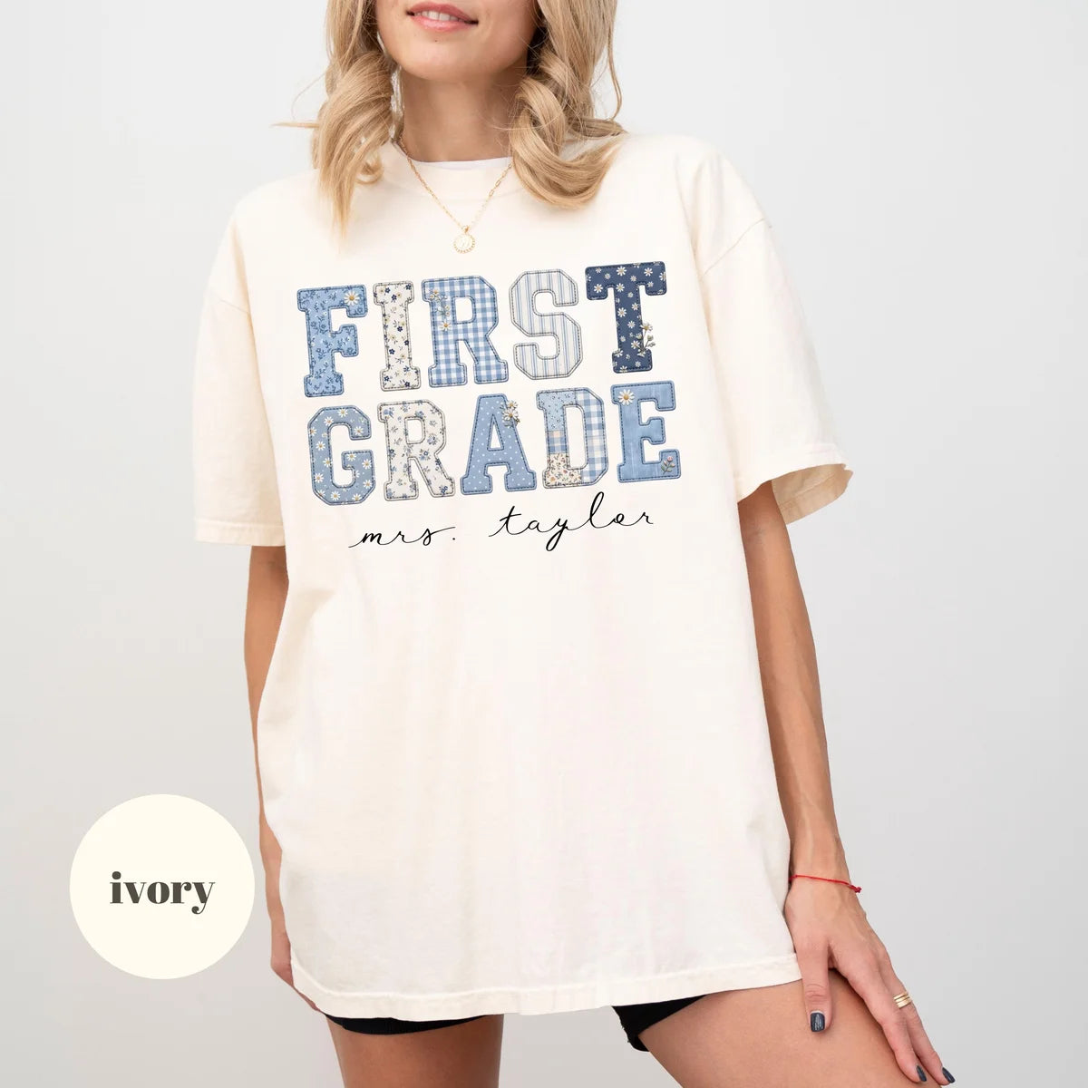 Ivory Comfort Colors 1717 T-shirt with First Grade Teacher design