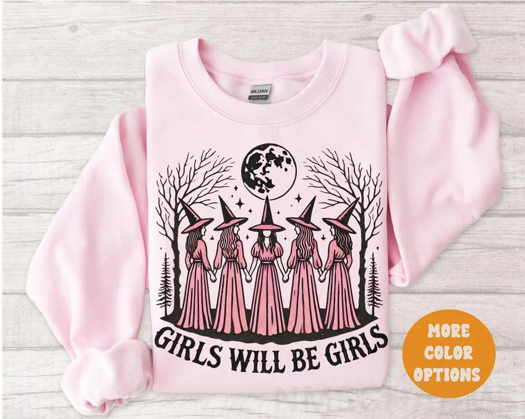 Light Pink Crewneck sweatshirt with printed Vintage Girls Will Be Girls Witch design, alternate product view.