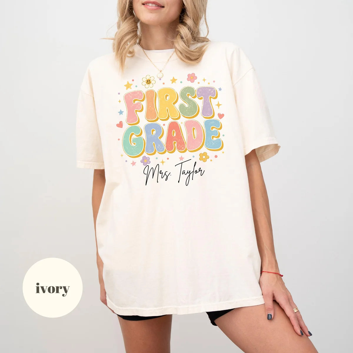 Ivory Comfort Colors 1717 T-shirt with First Grade Teacher design view 2