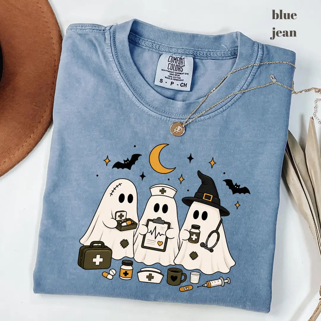 Blue Jean Comfort Colors 1717 T-shirt with Ghost Nurse Halloween design
