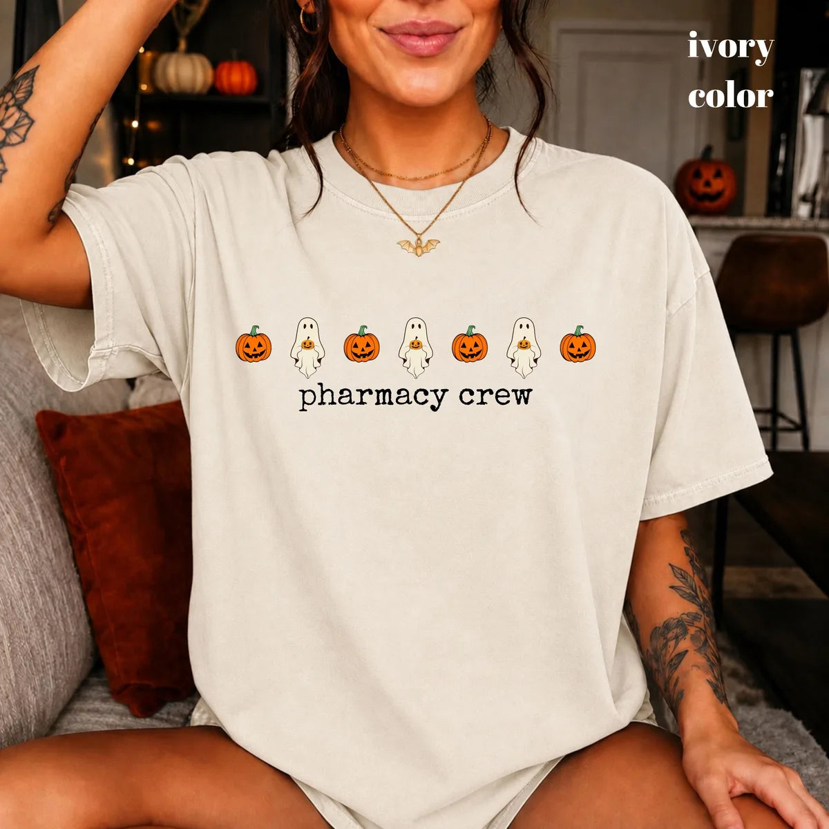 Ivory Comfort Colors 1717 T-shirt with Pharmacy Crew Halloween design