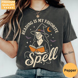 Reading Is My Favorite Spell - Witch Book Lover Comfort Colors T-Shirt hero view in Pepper.